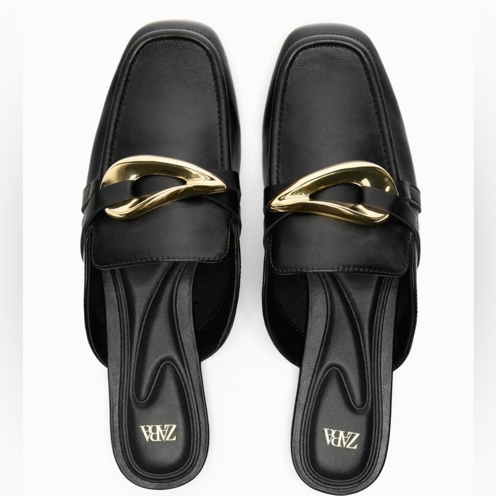 NWT. Zara Black Mule Embellished Metallic Detail Loafers. Size 7,5.